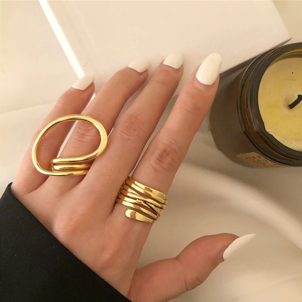 

Korean Trendy Gold Color Wedding Rings Simple Geometric Multilayer Winding Handmade Jewelry for Women OL Style Minimalist Ring