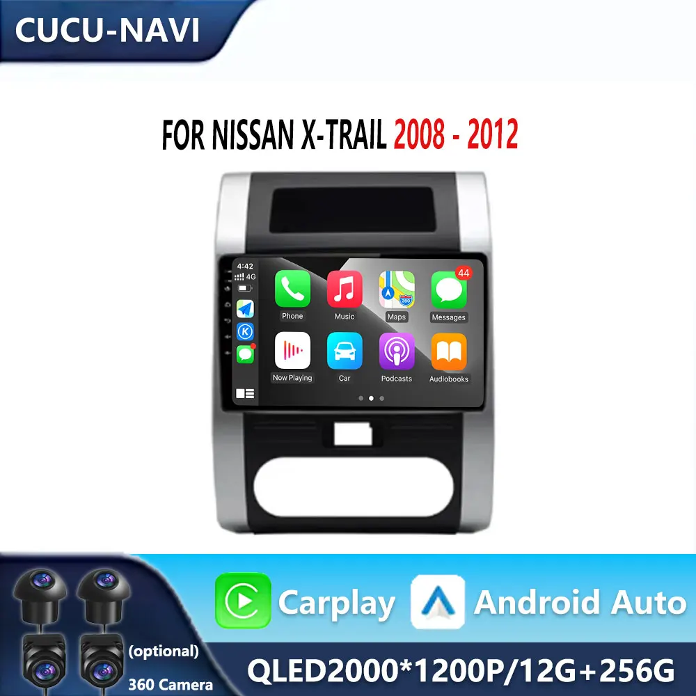 Android 14 Carplay Auto 2K экран Автомобильный радиоприемник BT Multimedi для Nissan x-trail 2008-2012 Bluetooth