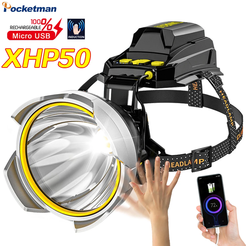 

Powerful XHP50 Rechargable Headlamp Built in 6600MAH Battery Head Lamp with Wave Induction 3 Modes Waterproof Work Headlight