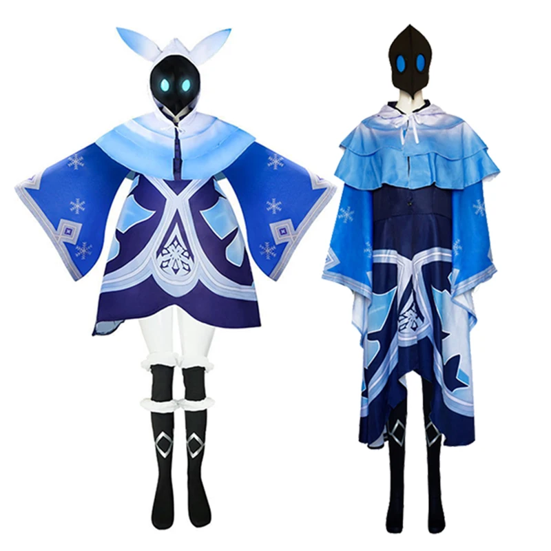 

Genshin Impact Cosplay Ice Abyss Mage Hilichurls Suit Cloak Blue Shawl Halloween Party Costume + Mask + Shawl + Socks + Leg Ring