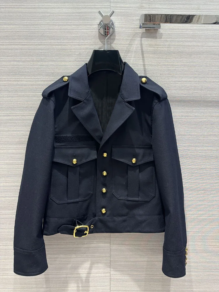 

2023 New Women Spring And Autumn Casual Comfortable Fashion Premium Navy Blue And Gold Lapel Jacket
