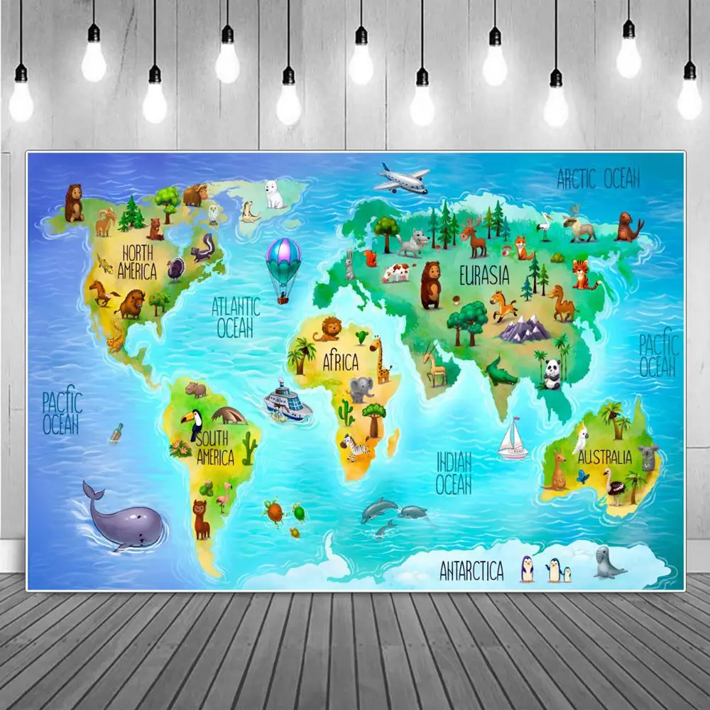 

Kids Animal World Map Photography Backgrounds Blue Ocean Mainlands Global Landscape Baby Birthday Photographic Backdrop Portrait