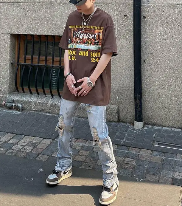 High Street Washed Jeans Hip Hop Worn Out Ripped Hole Breasted Slit Jeans Straight Denim Pants