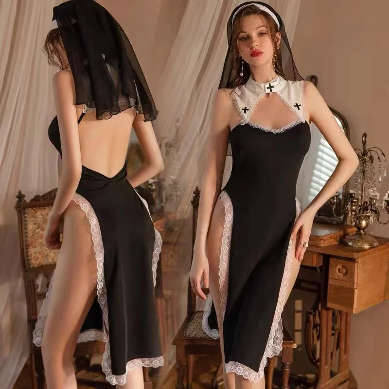 

Anime Sister Lingerie Sexy Hollow Out Backless High Split Cheongsam Dresses for Women Nun Cosplay Qipao Uniform Drop Ship