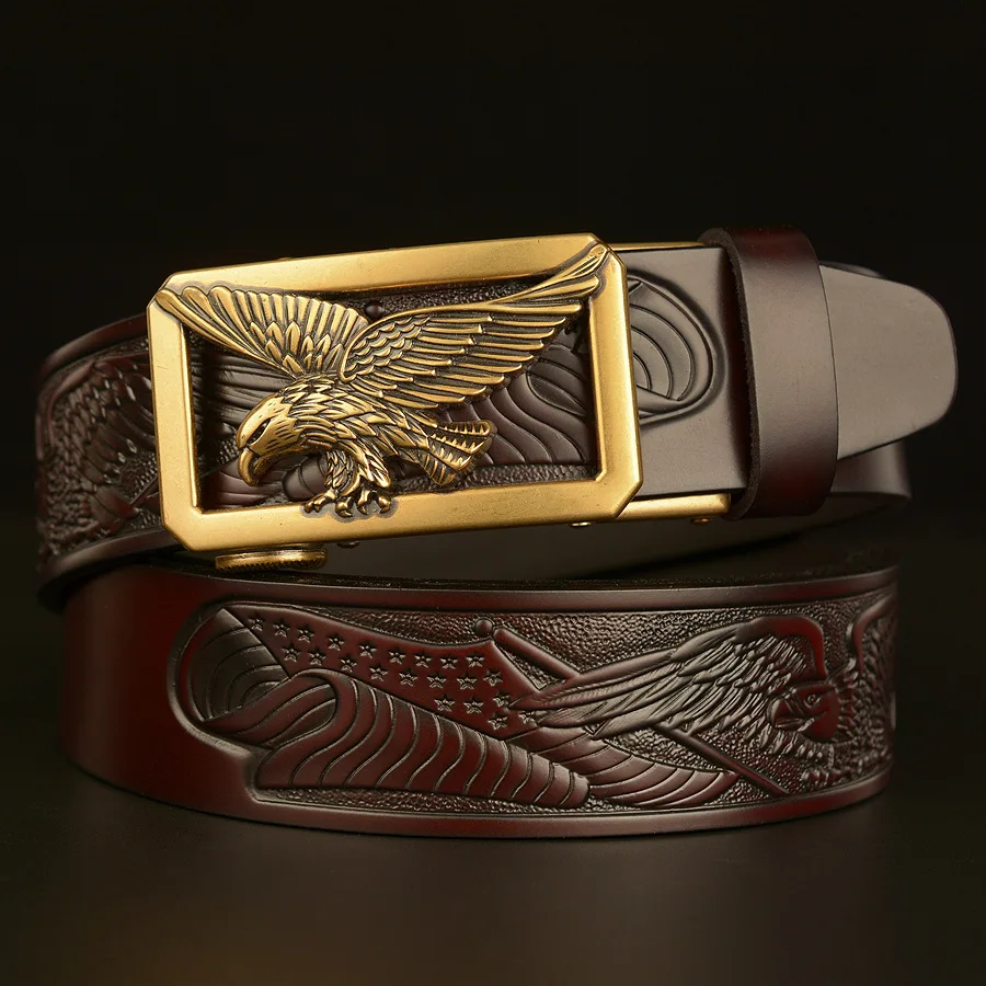 Genuine Leather Belts for Men Leisure Waistband Strap New Style Eagles Spread Their Wings Buckle Belt Fly Eagle Pattern