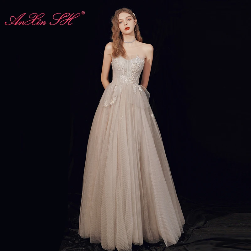

AnXin SH princess champagne grey lace evening dress vintage strapless ruffles sparkly beading crystal bride long evening dress