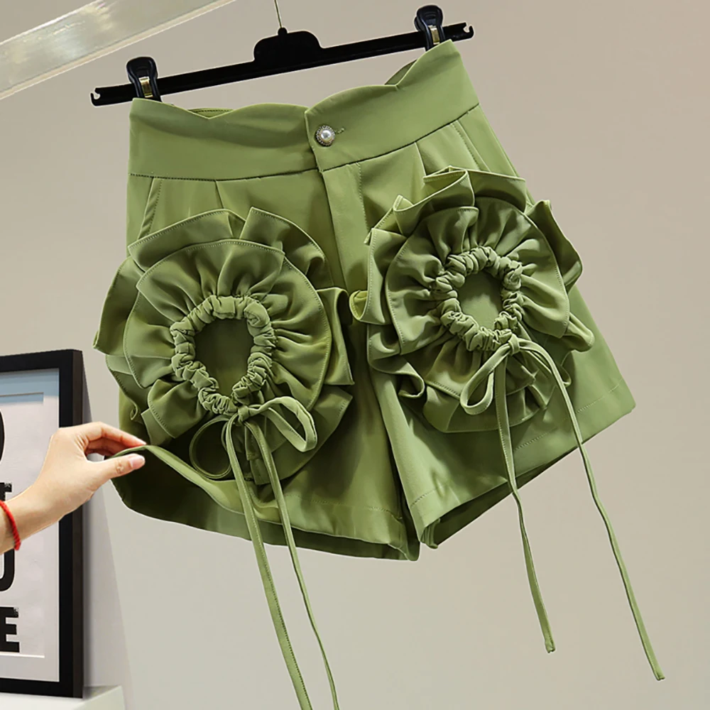 

Summer Elegant Ruffles Flower High Waist Shorts Women Korean Fashion Casual Sweet A-Line Wide Leg Lace Up Short Woman Clothing