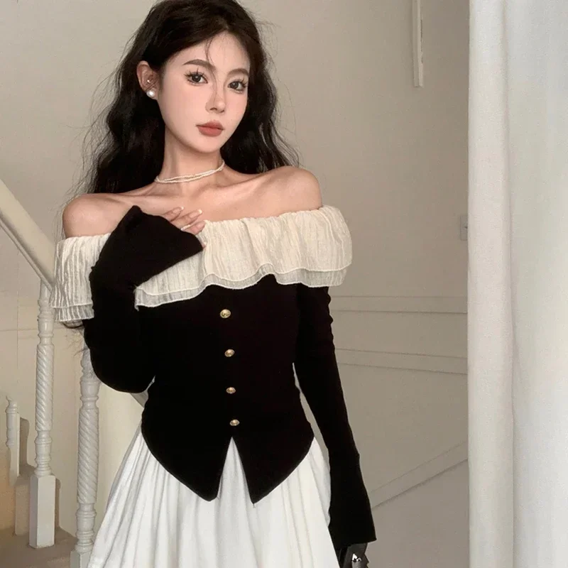 Черные милые женские футболки в Корейском стиле с открытыми плечами тюлевые