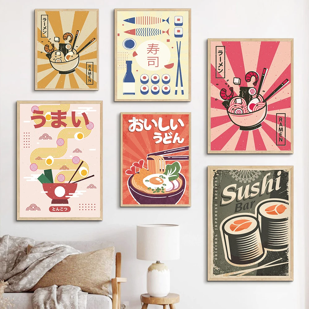 

Sushi Bar Vintage Posters Ramen Noodles with Eggs Canvas Painting Cartoon Foods Kitchen Wall Art Prints Funny Decor Pictures
