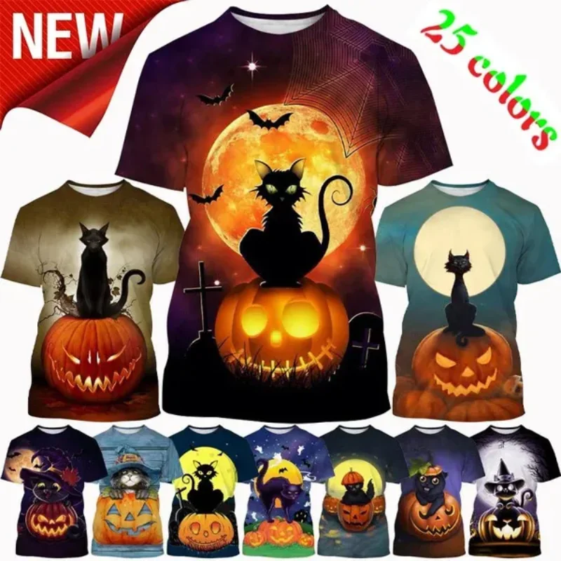 

Halloween Cat 3D Print T-shirt for Women Fashion Pumpkin Lantern Cat Witch Unisex Round Neck Oversized T Shirt Harajuku Top Tee