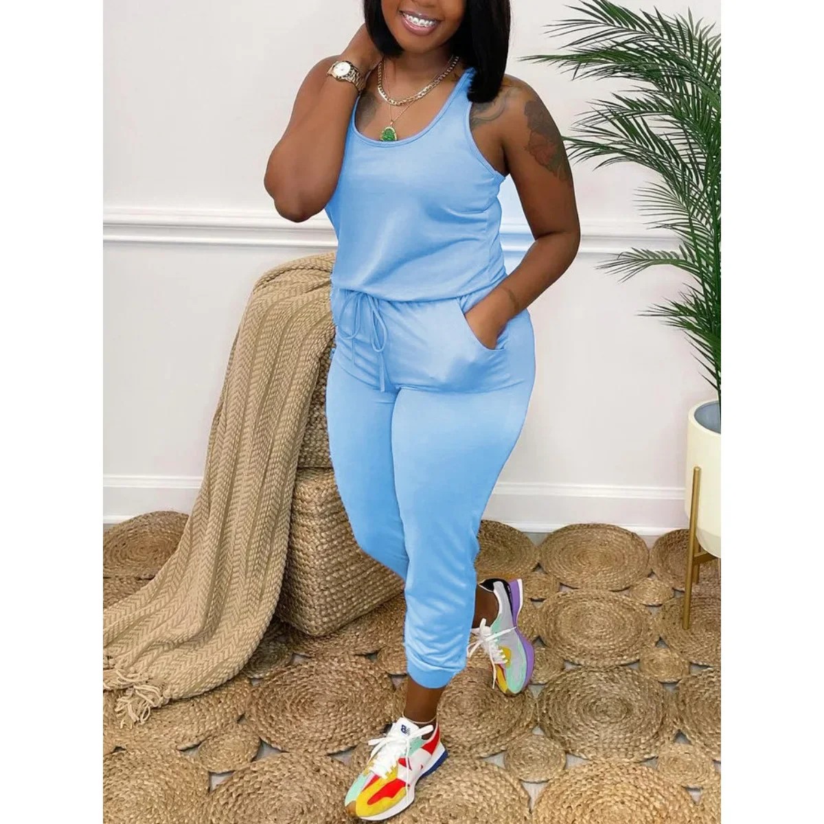 Женский комбинезон без рукавов облегающие однотонные брюки-карандаш высокая