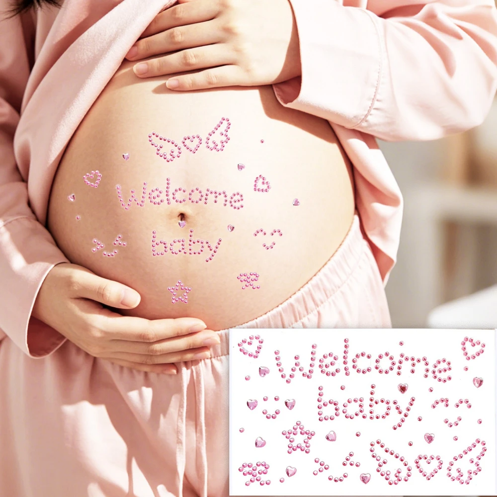 Фото 3D-наклейки с блестящими стразами «Welcome Baby» для фотосессий беременных: наклейки на живот с сердечками, бантиками и кристаллами №5