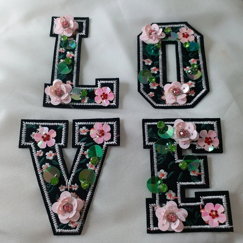 

Fashion flower Love Letters rhinestone beaded patches for clothing Sew on sequin patch applique embroidery parche for jackets
