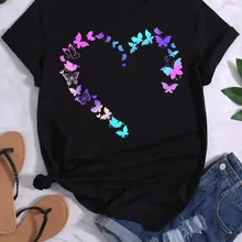 나비 하트 프린트 티셔츠, 하라주쿠 그래픽 티셔츠, 여성 반팔 상의, 여름 의류