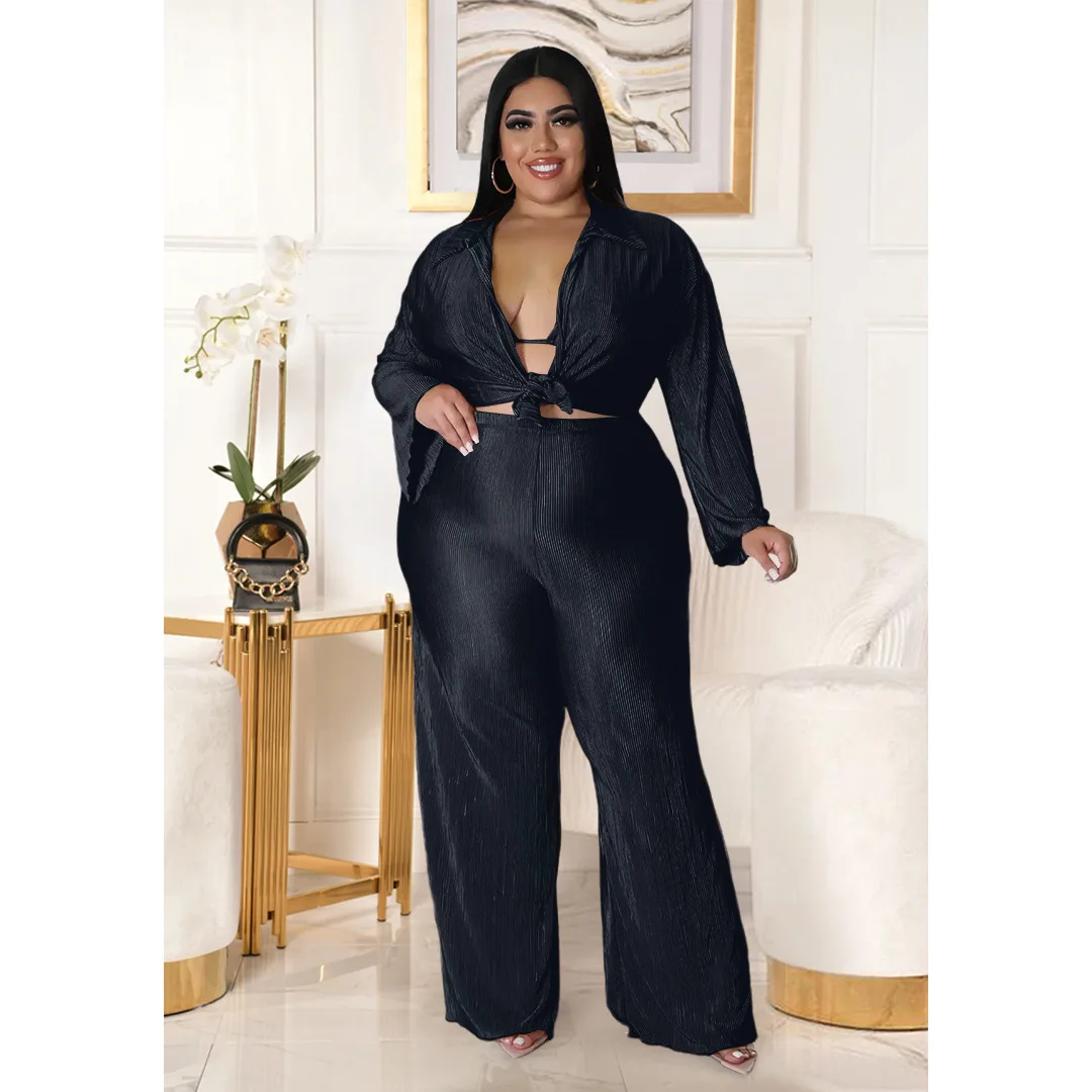 

Fashion Women Blouses 2022 Elegant Autumn Sexy Womens Solid Light-pressed Pleated Wide-leg Pants Women Clothing 3 Pieces Set
