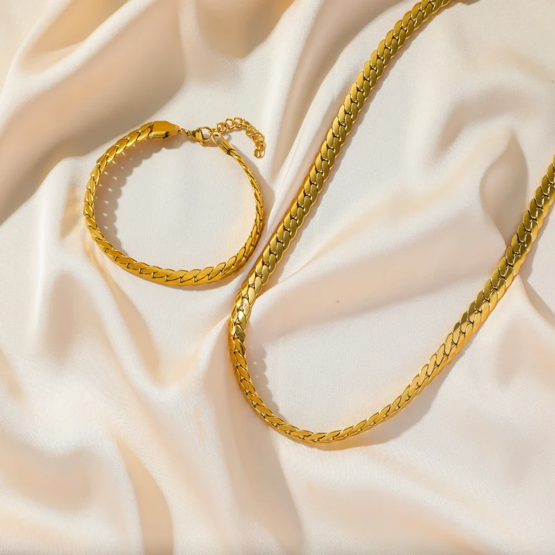 GANEMLY 316L плоская цепь из нержавеющей стали ожерелье браслет набор для женщин Мода