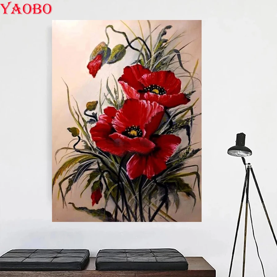 

Алмазная 5D Вышивка, картина с изображением Красного мака, полностью квадратная Круглая Мозаика, ручная работа