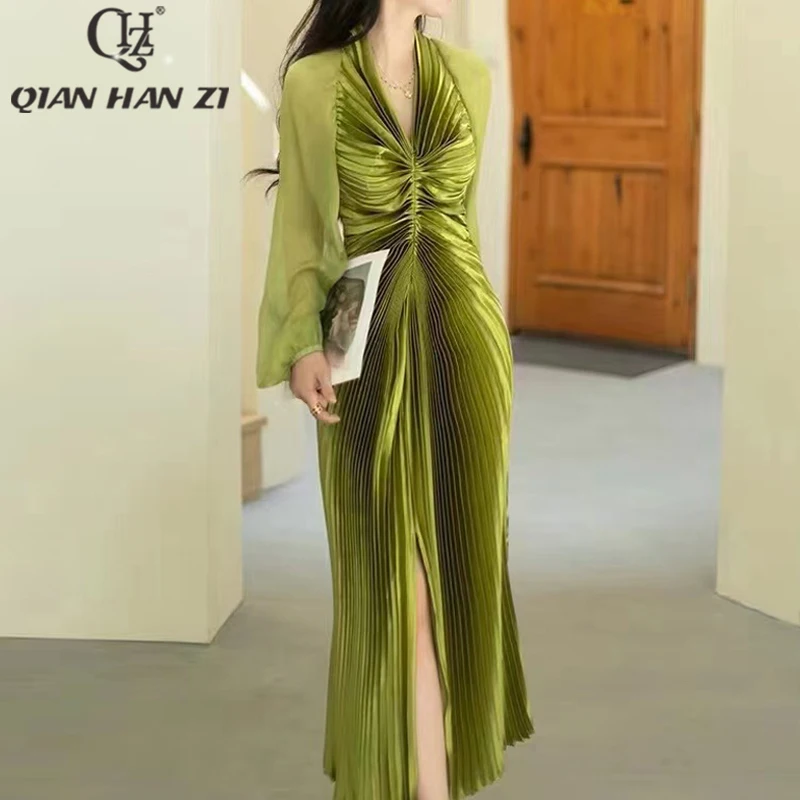 Qian Han Zi designer fashion Elegant dresses for women Autumn V neck long sleeves Sexy pleated high slit dress long