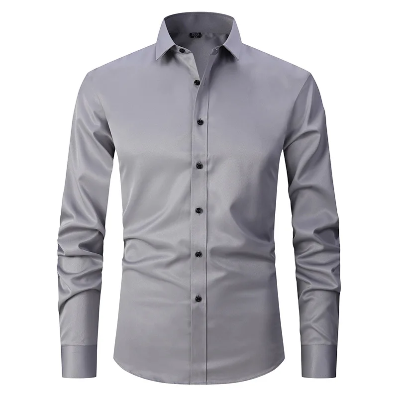 

Gray Business Casual Shirts for Men Long Sleeve Slim Fit Social Office Dress Shirt High Quality Solid Color Shirts Chemise Homme