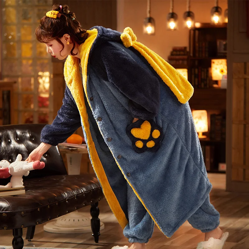 Plus Size Women Sleepwear Keep Warm Medium Style Intensification Pyjamas Winter Pajamas Plush Nightgown Hooded Set Loose Version