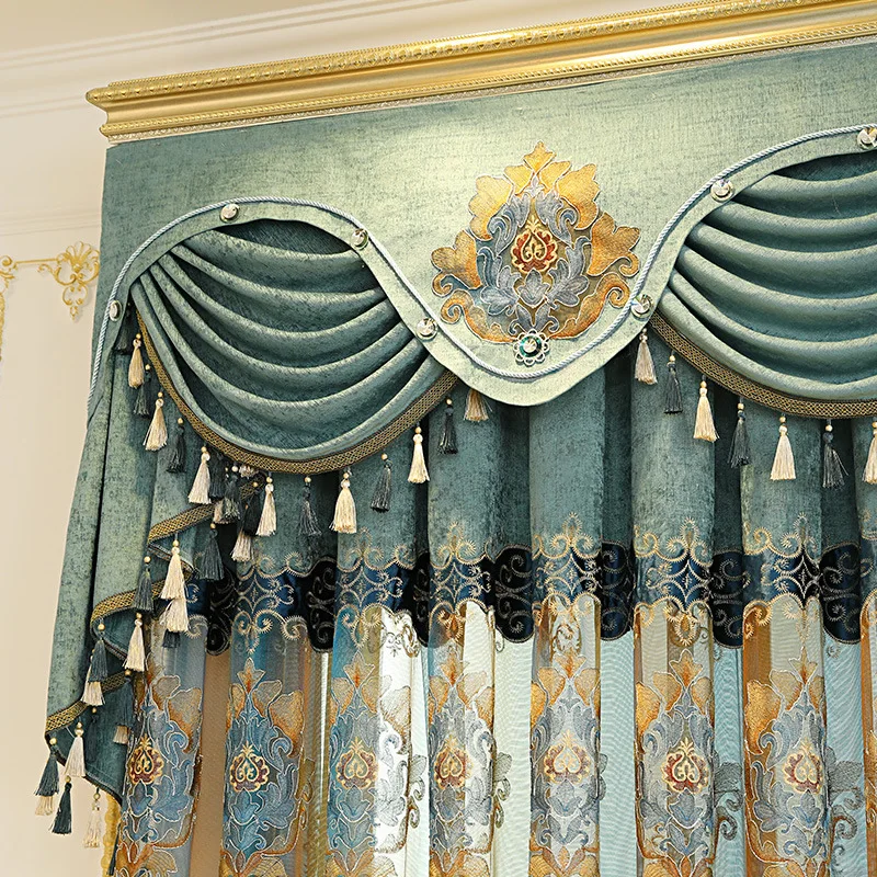 European Style Curtains for Living Dining Room Bedroom Custom Luxury Hollow Embroidered Blue-green Window Curtain Room Decor