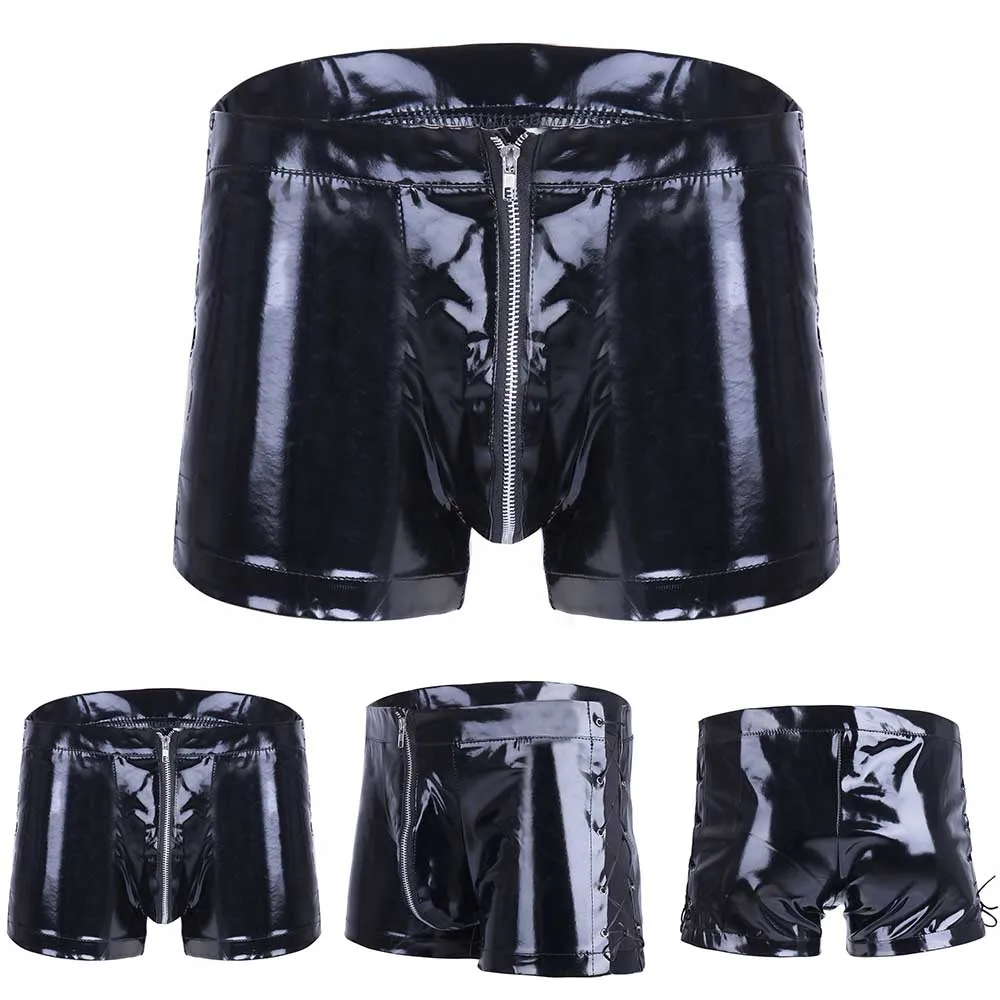 

Men's Cool Boxer Briefs Leather Wetlook Sexy Silky Shiny Zip Bulge Bag Pouch Shorts Gay Underwear Clubwear Swimwear