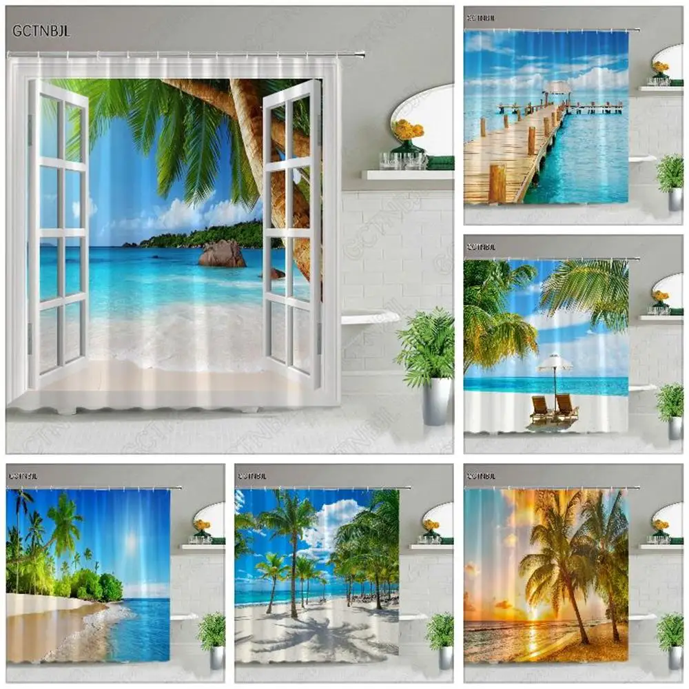 

Palm Tree Ocean Animal Scenery Shower Curtains Beach Dolphin Sea Turtle Starfish Landscape Bathroom Decor Bath Curtain With Hook