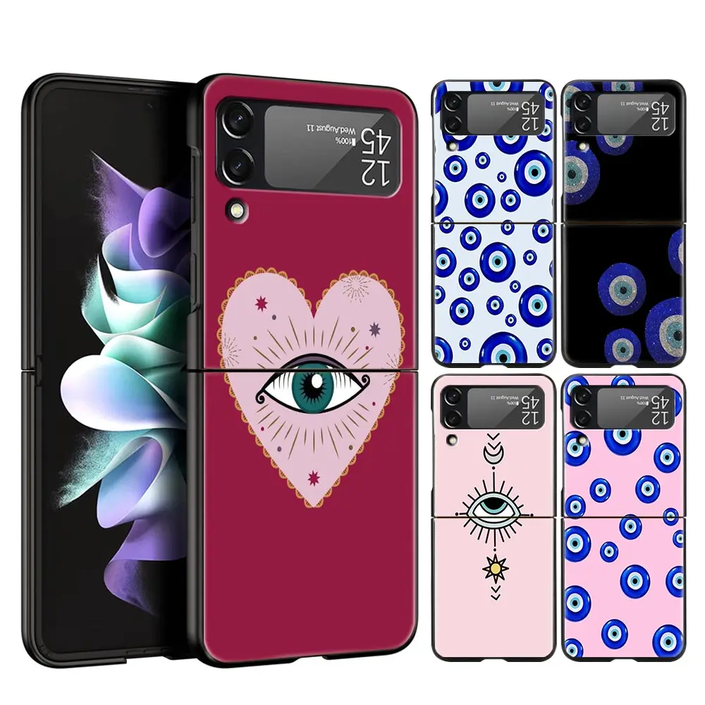 

For Samsung Galaxy Z Flip 3 4 5G Hard Black Folding PC Phone Case Lucky Eye Blue Evil Eye Print For Samsung Z Flip3 Back Cover