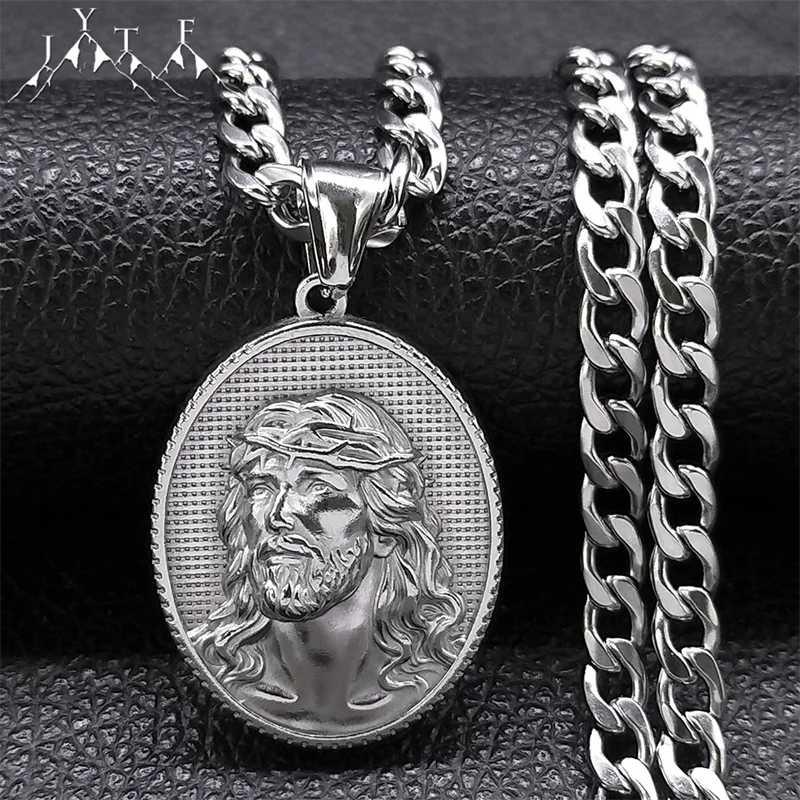 

Crown of Thorns Jesus Medal Christian Men's Necklace 316 Stainless Steel Korean Silver Color Pendant Religious Necklaces Jewelry