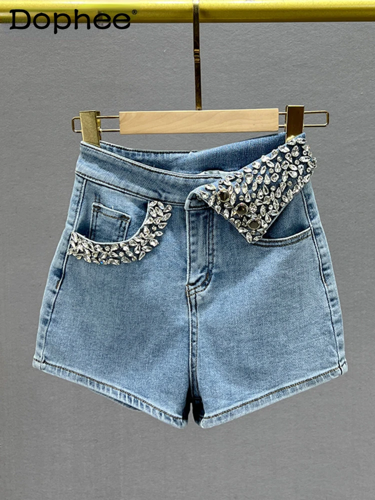 

2022 diamond studded denim shorts women's 2022 new summer clothes elastic high waist slim fit European hot pants trend