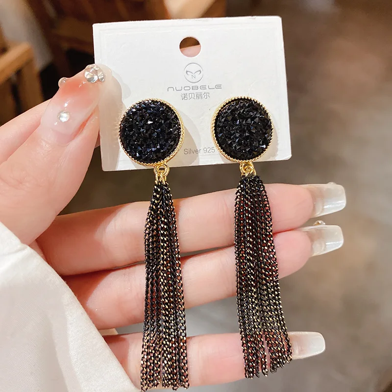 

Silver Needle, Crystal Circle, Chain, Tassel Earrings, Hong Kong Style, Retro, Versatile, Simple Personalized Fashion,