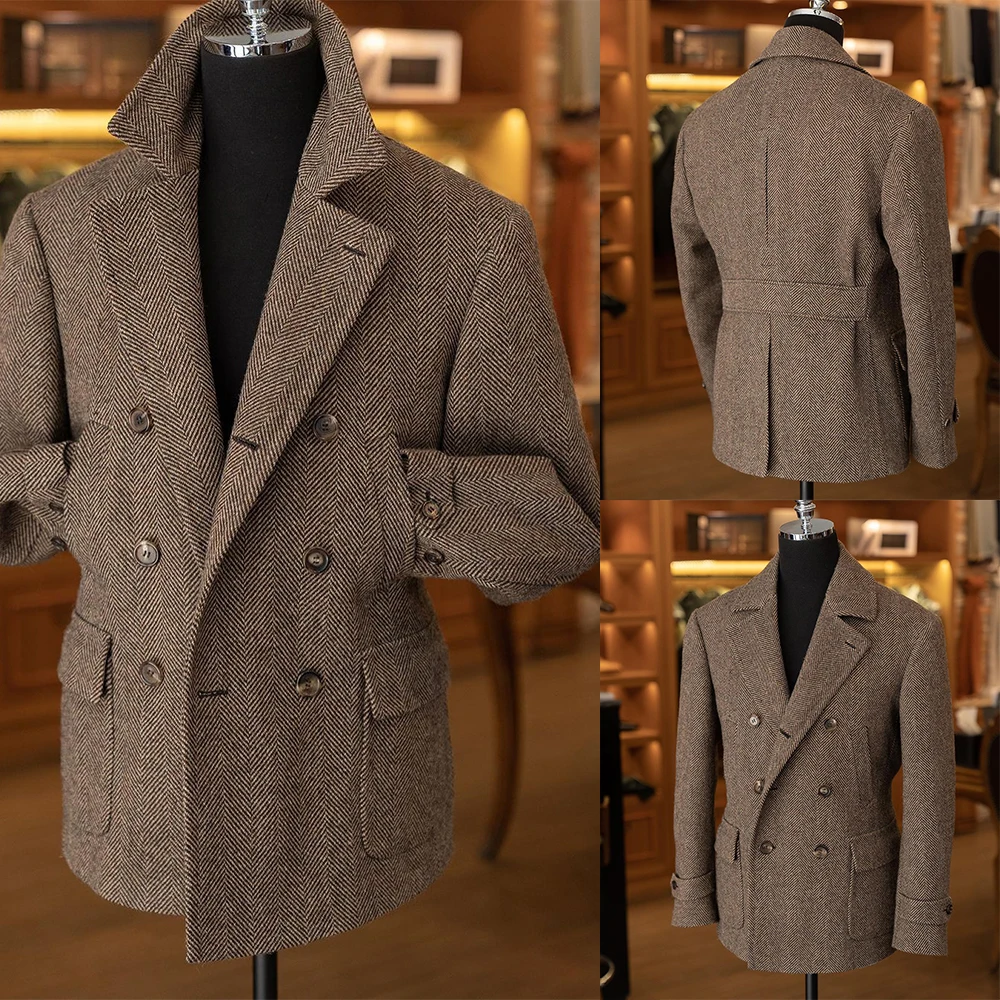 

Мужское короткое пальто в елочку, винтажное пальто в британском стиле, деловая и Повседневная теплая Классическая верхняя одежда