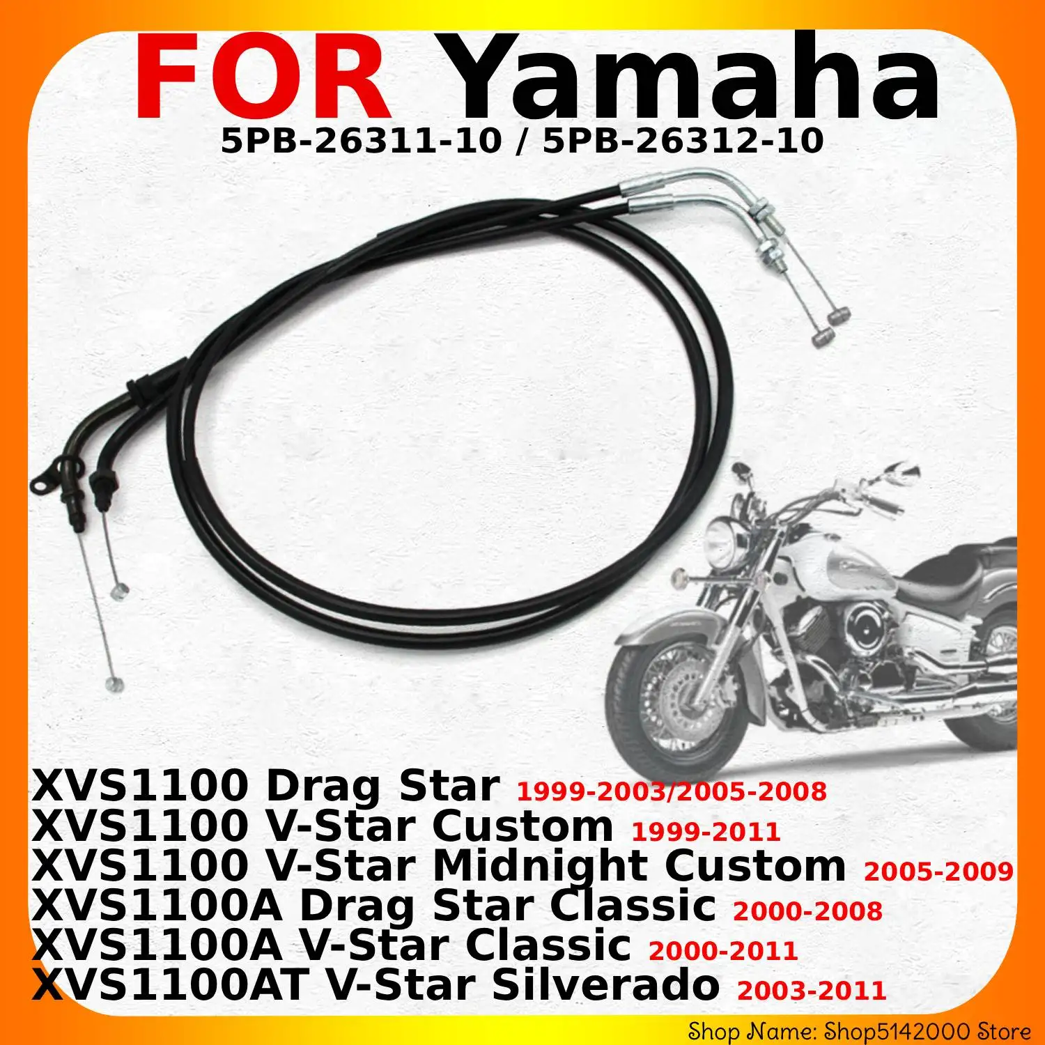Фото Для мотоциклов Yamaha XVS1100 Drag Star XVS1100A XVS1100AT OEM: 5PB-26311-10 5PB-26312-10, аксессуары для мотоциклов, трос акселератора/газа №1