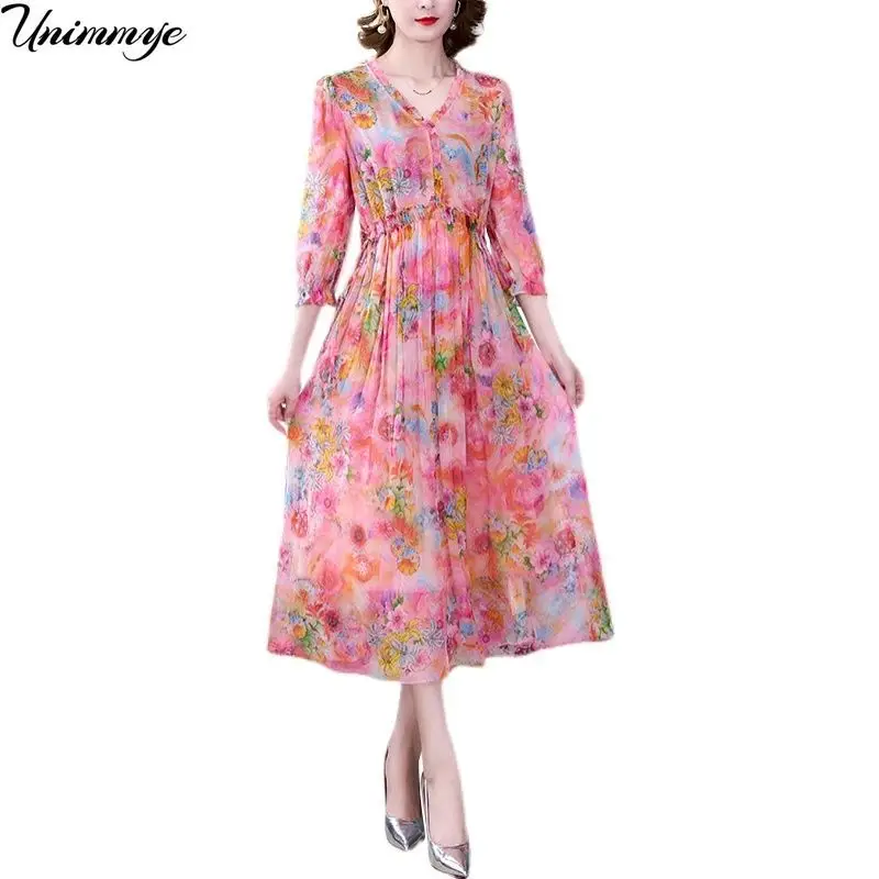

Chiffon Dress Summer 2022 Retro Printed Female Casual V-neck Half Sleeve Mulberry Silk Beach Long Robe Dresses Vestidos J434