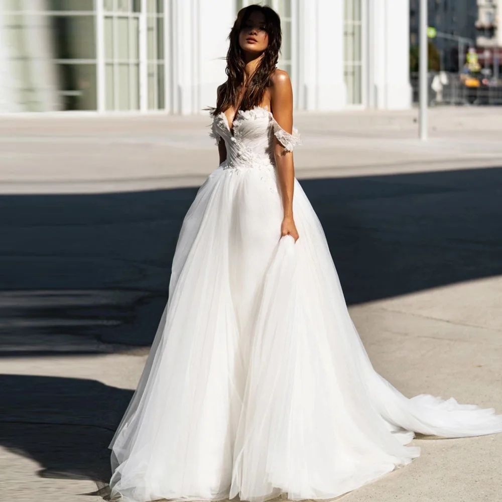 

Женское ТРАПЕЦИЕВИДНОЕ свадебное платье, элегантное платье из фатина со шлейфом, открытыми плечами и открытой спиной, лето 2023