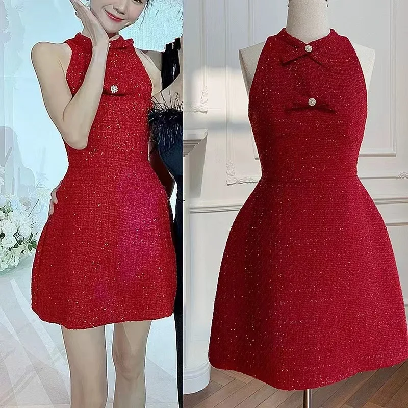 2025 Spring and Autumn Red New Year Women clothes Light Luxury Graceful Tweed Socialite Small Hanging Neck Formal Dress