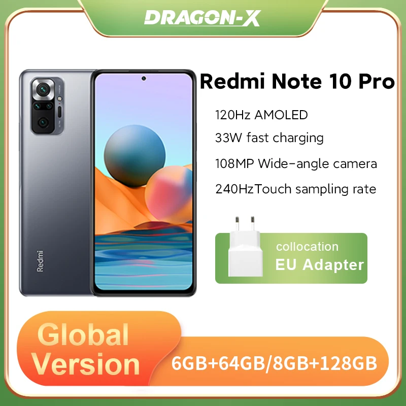 

Global Version Xiaomi Redmi Note 10 Pro 6GB 128GB Smartphone 108MP Camera Snapdragon 732G AMOLED Display