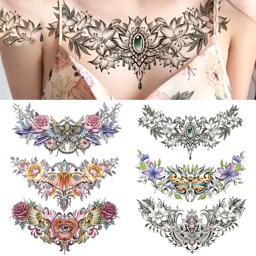 

Large Chest Waist Shoulder Back Temporary Tattoo Waterproof Sticker Cross Feathers Wings Thorns Fake Tatoo Underboob Body Art