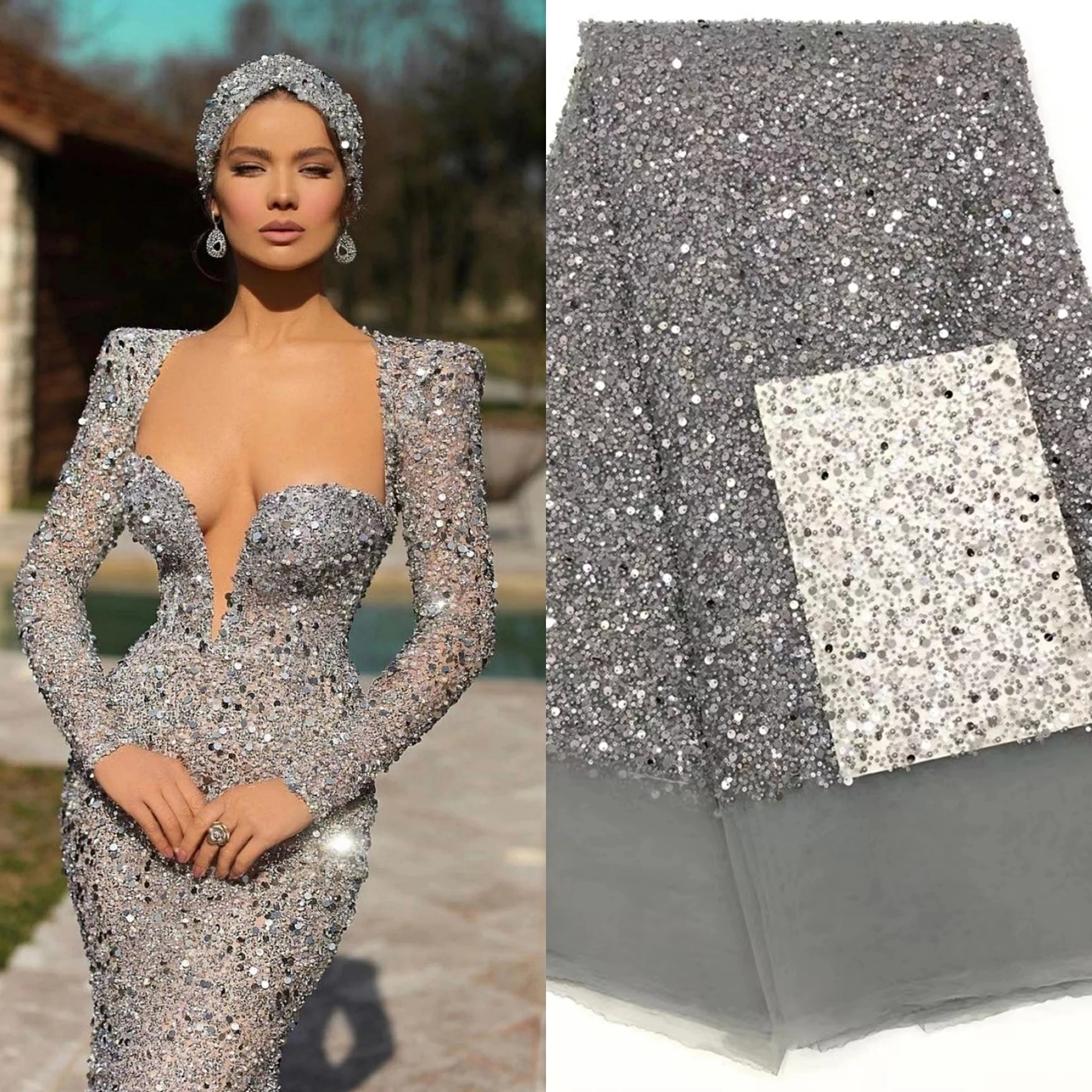 

2022 High Quality Nigerian Sequins Lace Fabrics Wine French African Beaded Lace Fabric Weaving Design For Wedding Dress Sewing