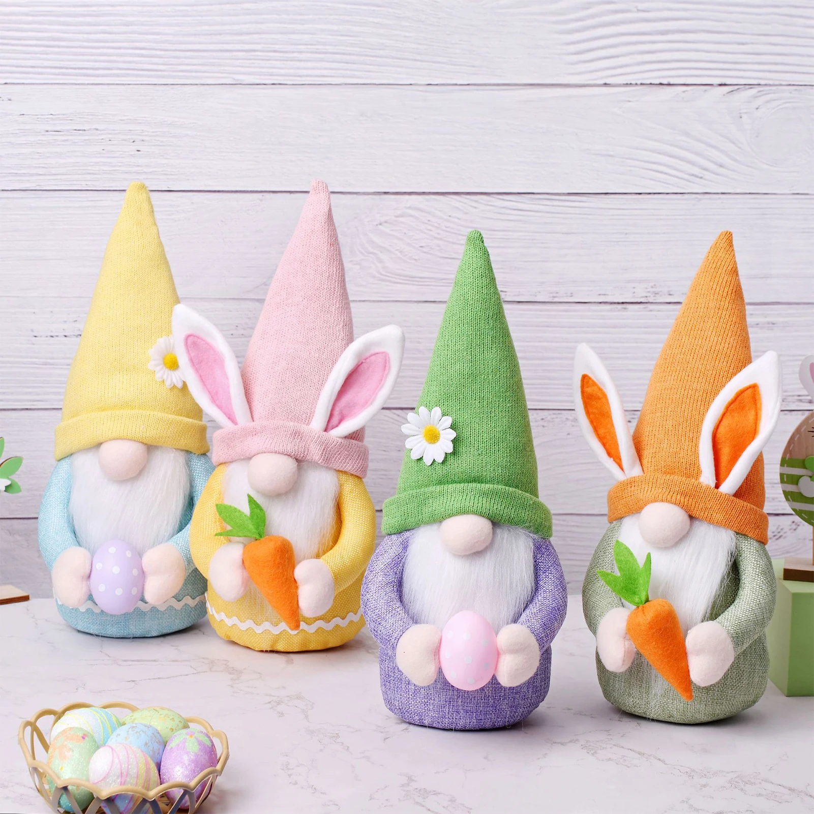 

Easter Gnome Bunny Handmade Plush Easter Faceless Ornaments Holding Egg Desktop Rabbit Decor Nordic Plush Farmhouse Home Decor