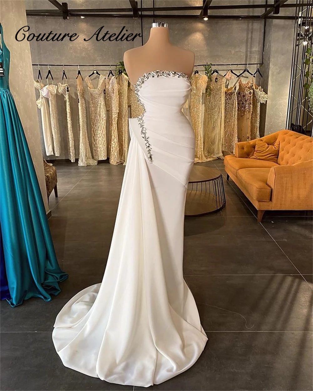

Satin Mermaid Wedding Dresses For Women 2022 Bride Dress With Cape Satin Enganement Gowns Beaded Bridal robe de mariée