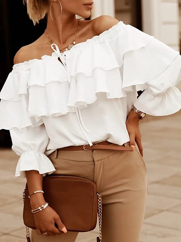 

Sexy Lace-up Ruffles Slash Neck Chiffon Blouse Elegant Flare Sleeve Chic Blouses Shirt Summer Women Solid Casual Loose Blusa Top