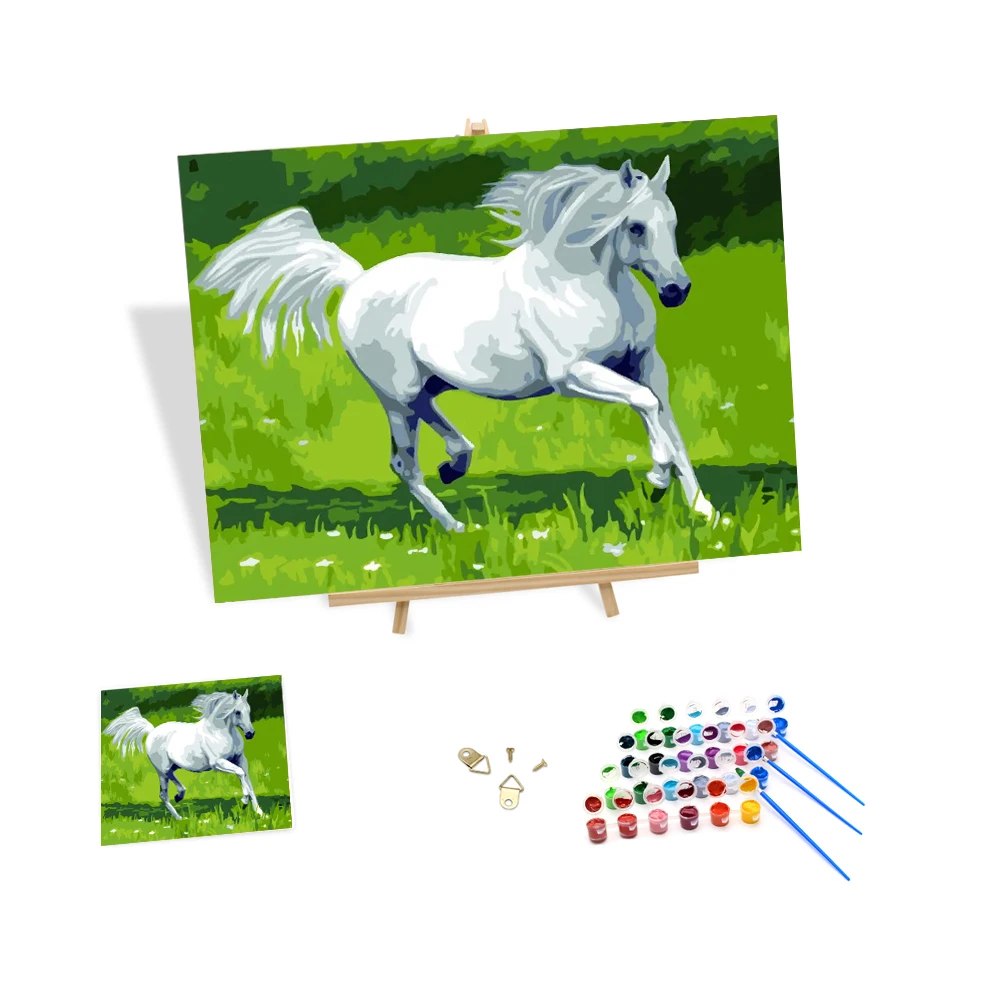 

No Frame Paint by Numbers Kits White Horse in Grassland Diy Oil Painting Animal Pattern Decor for Living Room