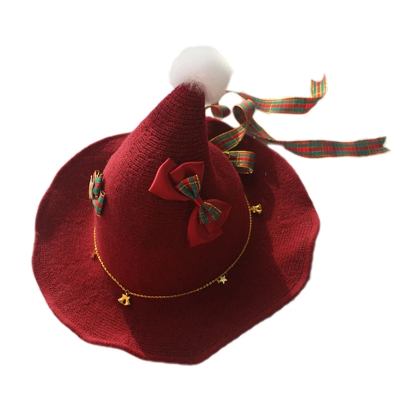 

Womens Girls Knitted Hat with Faux Fur Pom Lace Bow Ribbon Warm Knit