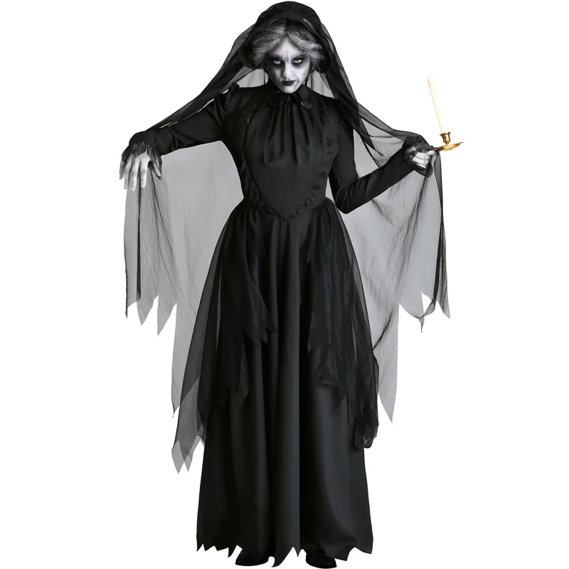 Vestido de disfraz de Halloween para mujer, disfraz de Horror, fantasma escalofriante, capa Medieval con capucha, bruja