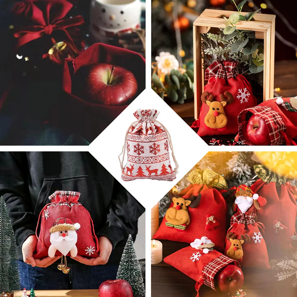 24Pcs/set Christmas Theme Cotton Fabric Cloth Bag Drawstring Bags For Party Snack Gift Ornaments Diy Jewelry Storage 14x10cm