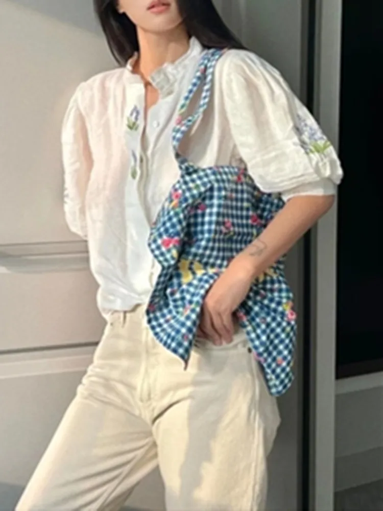 

2022 New Fashion Women Blue Plaid Canvas Bag Color Stitching Flowers Ladies Buttoned Shoulder Shopping Handbag Bags