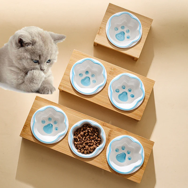 

Bamboo Dog Feeding Pet Bowl Ceramic Feeders Food Pet Cat Supplies Frame Tableware 3 Antiskid Bowls Bowl Cat Water Bowl Dog