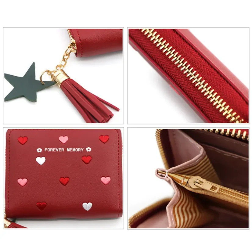 Purse Leather Heart Embroidery Short Wallet Ladies Tassels Star Pendant Money Bag Girl Small Wallets Money Clip 2021 New