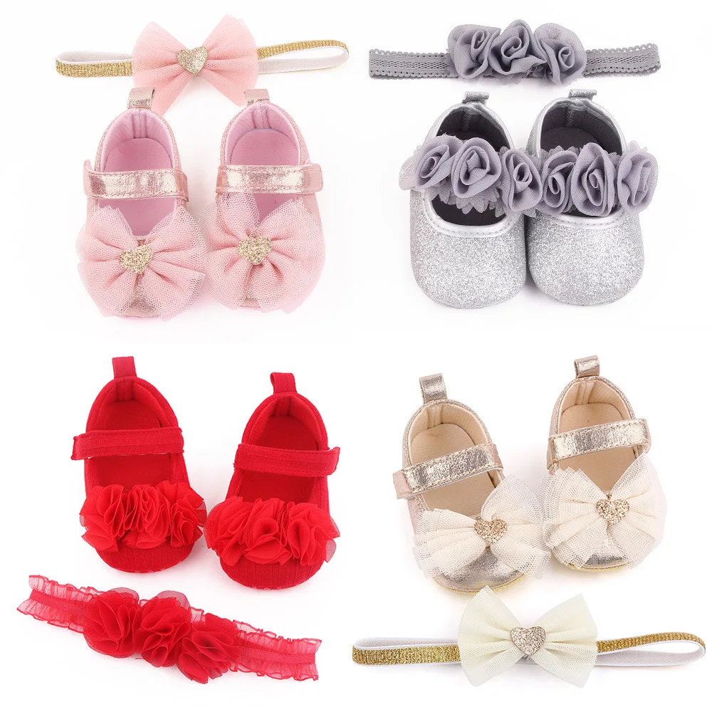 Baby Shoes With Hairband For Baby Girls Folwer Bowknot Toddler Soft Shoes Infant Princess Baby First Walker Baptism Shoes